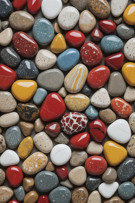expressionist this image captures a visually stunning collage of various types of small stones, each meticulously arranged to form an intriguing pattern. the stones are organized in a captivating geometric design that showcases their diverse colors and textures. the collection features a mix of large and small stones, ranging from pure white to deep red, from bright yellow to mellow gray, and everything in between. some stones appear smooth and polished, while others display rough edges and intricate patterns. this artistic arrangement of stones could inspire a product such as a unique piece of home decor or a one of a kind jewelry item, where the individuality and beauty of each stone is highlighted and celebrated. . raw, emotional, dynamic, distortion for emotional effect, vibrant, use of unusual colors, detailed
