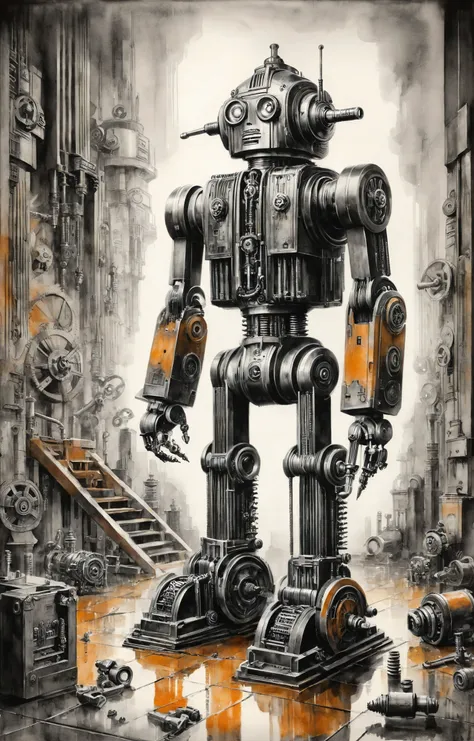 (watercolor sketch, ink wash:1.4), mad-ropolis-, art deco, 1920s, [ (vibrant and colorful details) : [black and white] : 9], bold geometric shapes, portrait of a worn down and rusty utility robot <lora:Metropolis_Moviee_SDXL:1>, bolts and screws clutter the floor, cluttered and messy background
