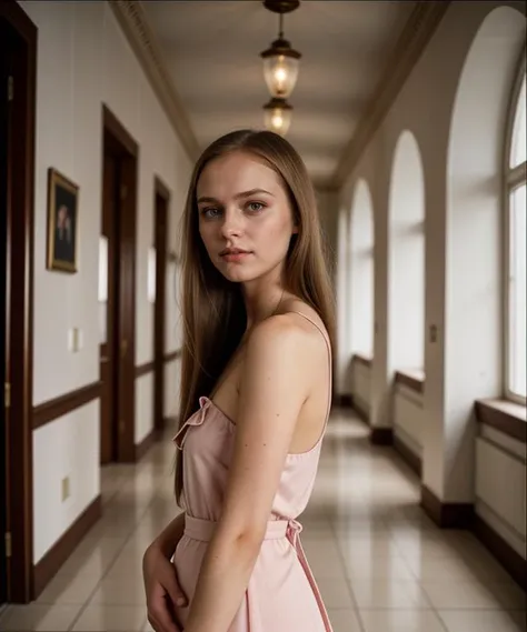 1980s Soviet \(style\) photo of 20 year old jp-svetmil-v2a-1000 ,Straightened shoulder-length hair, bronze blush , Soft cotton slip with ruffled edges , Soviet communal hallway , Zorki 4K, 53mm f/2, 1/50s, ISO 160, Svema TsO-25