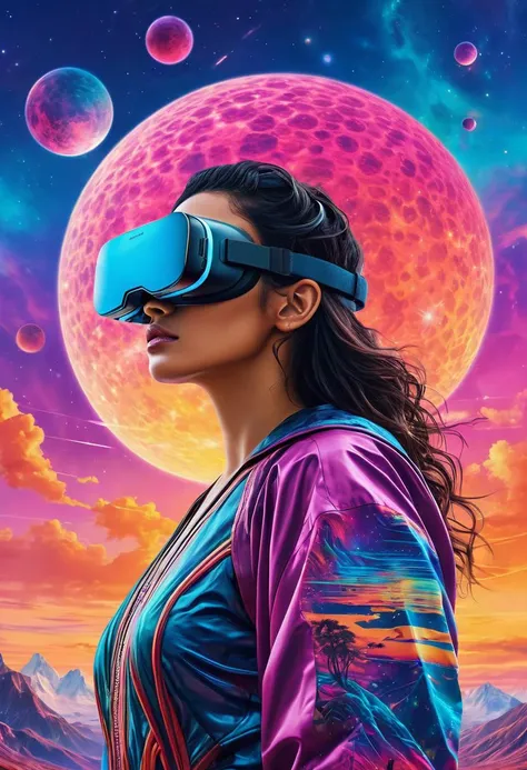 ((masterpiece, high quality, best quality, 8k, wallpaper, fine lineart, highly detailed, absurdres)), cinematic photo magical style land art style hyperrealistic,( vaporwave:1.3),vivid colors, intricate details, realistic style, oil paintings, acrylic paintings, watercolor paintings, digital illustrations, mixed media pieces, sculptures casting shadows, cosmic sky, photorealistic,extreme detail,lifelike,crisp,precise. natural materials,outdoor,detailed blend of organic and magical elements,futuristic,legendary,detailed,intricate,skin texture,( face vitiligo),film,bokeh,professional,4k,highly detailed, in the style of art, colorful, phone wallpaper, Virtual Reality Game Developer - Digital Entertainment Industry: A visionary creator designing immersive experiences within simulated realities. Grapples with philosophical questions about the nature of existence as virtual worlds begin to rival their physical counterparts in complexity and depth