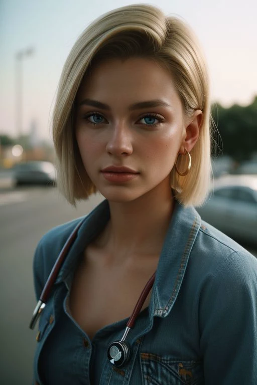 Android 18 ,nurse, android18, earrings, denim, belt, hyperrealism, skin very elaborated, direct gaze, (photorealism:1.5), (photorealistic:1.4), (8k, RAW photo, masterpiece), High detail RAW color photo, realistic, (highest quality), (best shadow), (best illustration), ultra high resolution, highly detailed CG unified 8K wallpapers, physics-based rendering, realistic, realism, high contrast, hyperrealism, f1.6 lens, rich colors, hyper-realistic lifelike texture, cinestill 800)