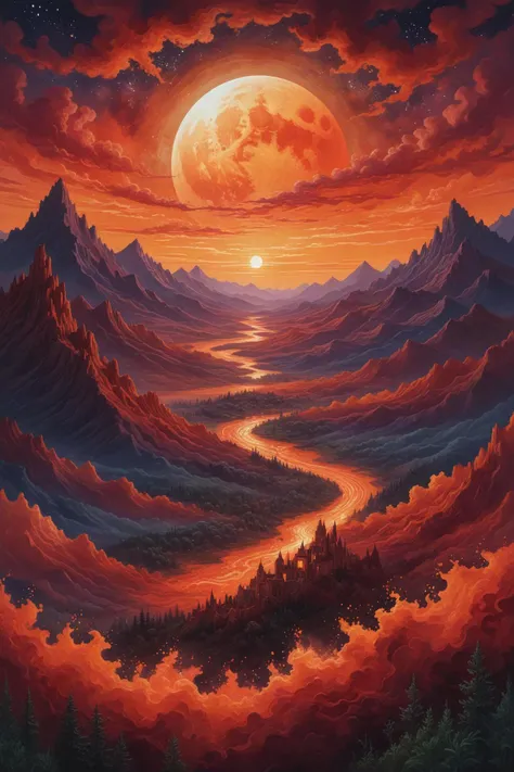 bargello style, flamestitch, zigzag, colorful, patterned the image presents a fantastical depiction of the night sky, dominated by a dark red and orange gradient that gives it an eerie glow. the moon is prominently visible in the top center, radiating with a lighter shade of red orange. the background features wispy clouds and streaks of light, adding to the ethereal atmosphere. this style can be classified as a form of digital art or graphic illustration, characterized by its imaginative and dramatic representation of the natural world.