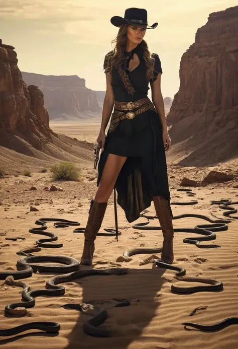 professional, (4k photo:1.1) , (Sharp focus:1.3), high detail, (extremely thin, slender, slim, long legs),
<lora:spotlight:1> dark theme, silhouette, magical lighting, fantasy,
(Beneath a cracked desert where the ground pulses with the heartbeat of an ancient giant buried below, a woman with hair made of live serpents digs for artifacts, using the snakesâ hisses as a bizarre form of sonar to locate relics that thrum with the giant's dreams and memories.,Saloon brawl turned gunfight, inside a rowdy Western saloon, a poker game goes wrong, leading to a chaotic gunfight. A gunslinger flips a table for cover, firing his revolver as bottles and chairs fly. The bartender ducks, and patrons scatter. Camera angle captures the action from behind the bar, showing the dynamic movement and wild expressions, filled with action and old Western charm.:1.2)
<lora:greg_rutkowski_xl_2:0.8> greg rutkowski, , (expressionism, impressionism, broad brush strokes:1.4)