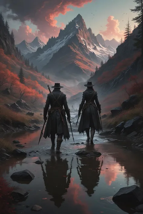 bloodborne style painting of two people walking in a mountain stream, scenery wallpaper aesthetic, by digital artist, colorful sky, epic portrait illustration, lakeside mountains, dribbble. com, movie poster painting, friendship, supergiant games . gothic horror, intricate lore, fast paced combat