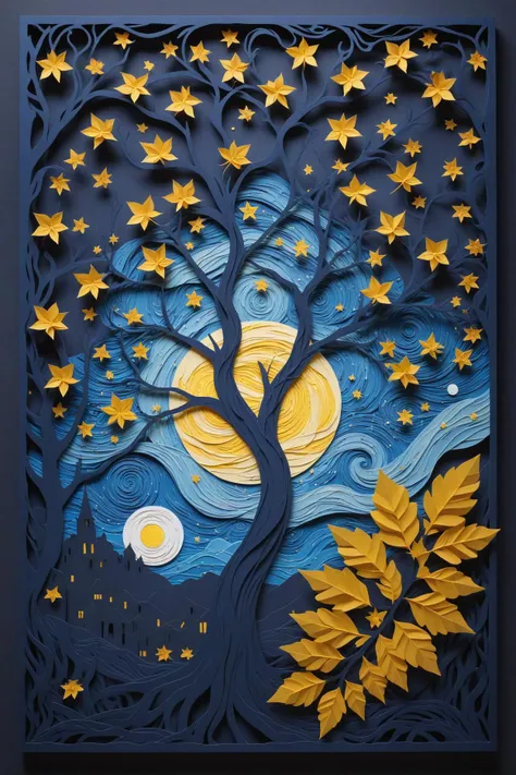 kirigami representation of the image captures the mesmerizing essence of vincent van gogh's iconic painting, "starry night." the dominant element is a majestic tree with gnarled branches and glowing yellow leaves. the swirling blues and yellows in the background represent the night sky, evoking a sense of movement and energy. this artwork embodies the impressionism art style with its focus on capturing the fleeting effects of light and color in a moment of time. . 3d, paper folding, paper cutting, japanese, intricate, symmetrical, precision, clean lines