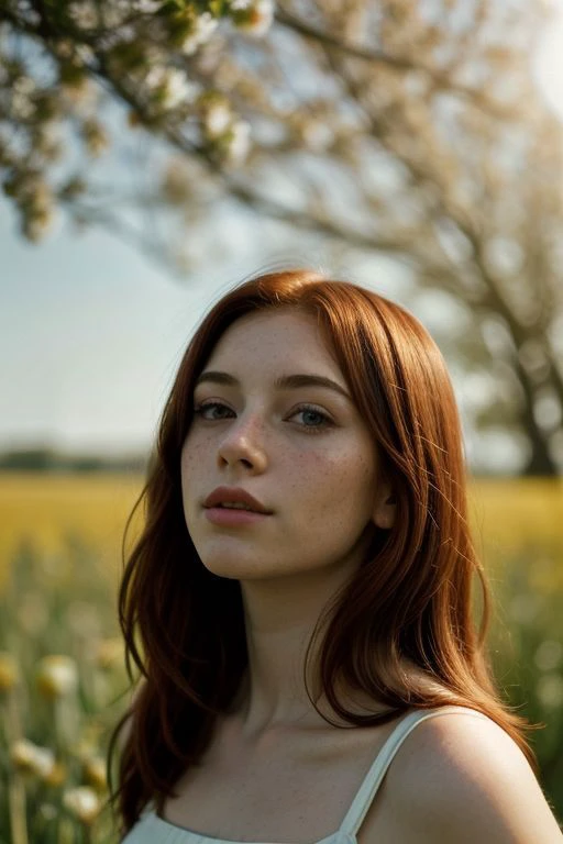 Gorgeous freckled red hair human 1girl, furry, spring background, outdoor, spring day, best quality, high quality, masterpiece