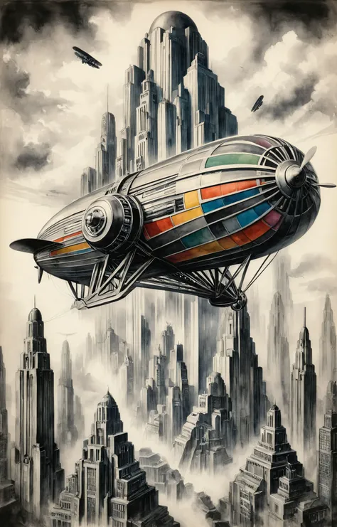 (watercolor sketch, ink wash:1.4), mad-ropolis-, art deco, 1920s, [ (vibrant and colorful details:1.4) : [black and white] : 14], bold geometric shapes, portrait of a flying zeppelin, epic geometric landscape, <lora:Metropolis_Moviee_SDXL:1>