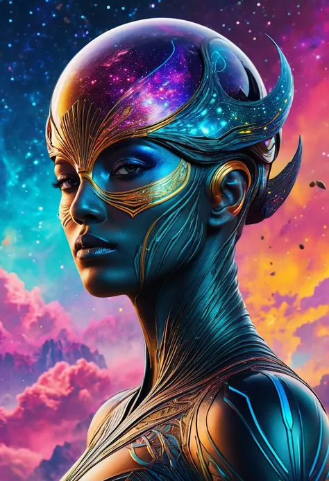 ((masterpiece, high quality, best quality, 8k, wallpaper, fine lineart, highly detailed, absurdres)), cinematic photo magical style land art style hyperrealistic,( vaporwave:1.3),vivid colors, intricate details, realistic style, oil paintings, acrylic paintings, watercolor paintings, digital illustrations, mixed media pieces, sculptures casting shadows, cosmic sky, photorealistic,extreme detail,lifelike,crisp,precise. natural materials,outdoor,detailed blend of organic and magical elements,futuristic,legendary,detailed,intricate,skin texture,film,bokeh,professional,4k,highly detailed, in the style of art, colorful, ( face vitiligo),face paint, phone wallpaper, Interdimensional Diplomat - Quantum Realm Embassy: A skilled negotiator representing Earth in talks with beings from parallel universes. Navigates intricate political landscapes shaped by wildly differing cultural norms and cosmic power dynamics, (extremity deep shadows ), uncommon lighting, dark palette , metal helmet,