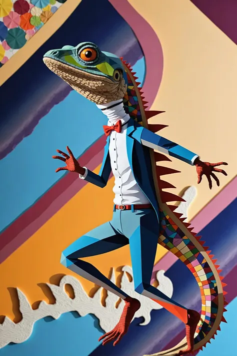 crewel style, wool embroidery, colorful, patterned, textured papercut collage of lizard inspired artistic performer . mixed media, textured paper, overlapping, asymmetrical, abstract, vibrant