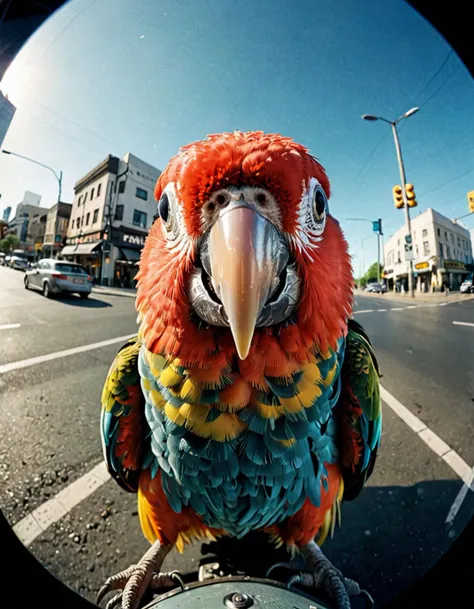 photograph parrot, selfie, funny animal takes selfie, fish eye view, looks directly in cam,funny pose, funny, weird, head slightly tilted, sitting on traffic light, 50mm . cinematic 4k epic detailed 4k epic detailed photograph shot on kodak detailed cinematic hbo dark moody, 35mm photo, grainy, vignette, vintage, Kodachrome, Lomography, stained, highly detailed, found footage, Hyper-realistic, 16k resolution, intricate details, (masterpiece, award winning artwork), many details, extreme detailed, full of details, Wide range of colors, high Dynamic, <lora:ral-drp:0.35> ral-drp, <lora:casting shadow style v2:1> casting shadow style, cucoloris patterned illumination, parrot, selfie, funny animal takes selfie, fish eye view, looks directly in cam,funny pose, funny, weird, head slightly tilted, sitting on traffic light, highly detailed, extremely complex, intricate, elegant, cinematic, dramatic composition, surreal colors, inspired, very beautiful, enhanced quality, real color, artistic, mystical, sharp focus, perfect illumination