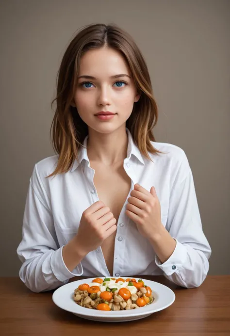 s5sh5c5n3 , 1woman ,finnish girl sitting at a table with a plate of food, vibrant colors, highly detailed, cinematic, complex, dramatic ambient, professional, artistic, focus, fair, clear, crisp, sharp, detail, strong, consistent, beautiful, emotional, cute, expressive, confident, innocent, pretty, friendly, best, vivid color, light, saturated, cozy, epic,large breasts, ac_neg1<lora:Sasha_Cane:1>,(breast pop out of shirt:2.0), perfect eyes,(show breasts, unbuttoned shirt:2.0),