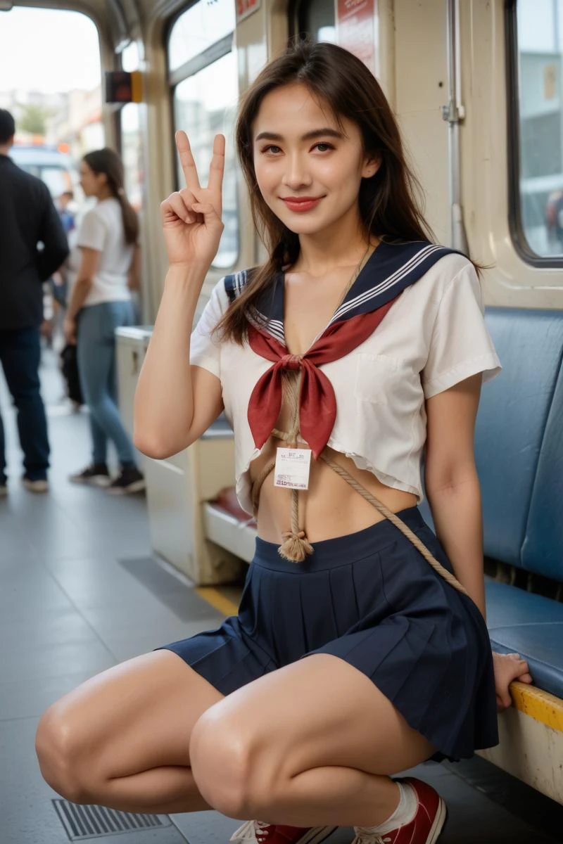 zPDXLrl,(masterpiece,best quality,ultra highres:1.1),score_9,score_8_up,score_7_up,uncensored,prefect lighting,side_light,very aesthetic,rating_explicit BREAK
1girl,20yo,tall_female,(slender face:1.3),chinese actress,Give a V victory sign,
<lora:amazing_portraits_xl_v1b:0.9>,amazing light and shadow effects,light casting shadows,blush,cleavage,
squatting in a crowded subway,slav_squatting,
<lora:newgirls_ab_PONY:1>,newgirls,shibari,outdoors,
<lora:Broken_school_uniform_PONY5>,broken_school_uniform,broken,