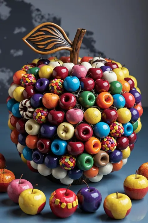 paper mache representation of the image presents a creative and visually appealing representation of an apple made entirely out of colorful candies. the candies are in various shapes, sizes, and colors, including red, green, blue, yellow, orange, pink, purple, and white. they are meticulously arranged to form the shape of an apple, showcasing a high level of detail and precision. the overall style is whimsical and playful, with a focus on vibrant colors and a sense of fun. this could be used for various purposes such as marketing, advertising, or simply as a decorative element in a digital space. . 3d, sculptural, textured, handmade, vibrant, fun