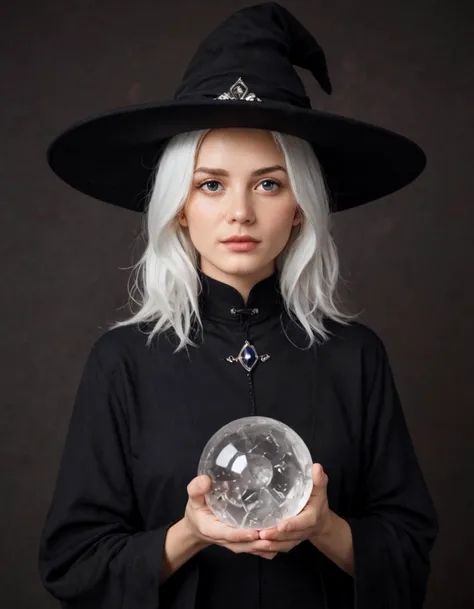 a witch holding a crystal ball in her hands, wizard hat cinematic lighting, side portrait dark witch, holding the elder wand, lich, rendered in arnold engine, mother earth, she is looking at us, with long white hair, spell<lora:sdxl_lightning_4step_lora:1>