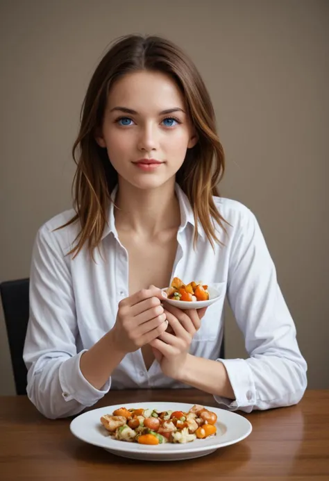 s5sh5c5n3 , 1woman ,finnish girl sitting at a table with a plate of food, vibrant colors, highly detailed, cinematic, complex, dramatic ambient, professional, artistic, focus, fair, clear, crisp, sharp, detail, strong, consistent, beautiful, emotional, cute, expressive, confident, innocent, pretty, friendly, best, vivid color, light, saturated, cozy, epic,large breasts, ac_neg1<lora:Sasha_Cane:1>,(breast pop out of shirt), perfect eyes,(show breasts, unbuttoned shirt),