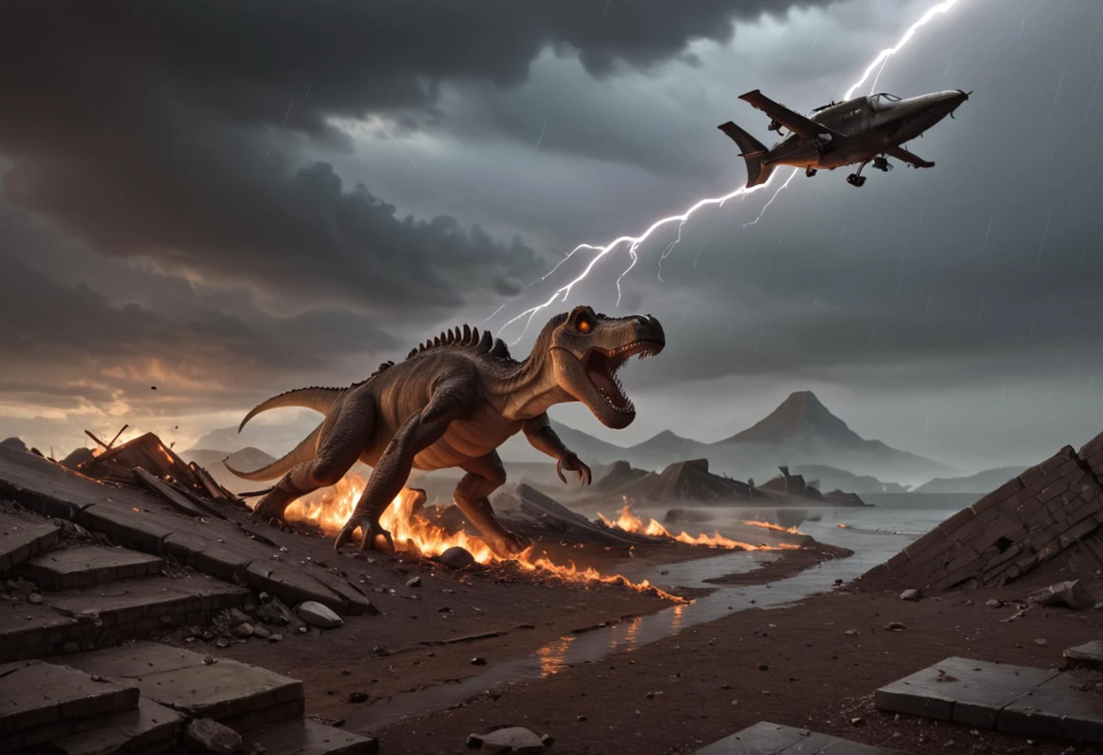 Masterpiece, photo realistic, 4k, highly detailed, RAW photo,
Tomb Raider riding a dinosaur, shooting guns, nozzle flames, wild nature outside, pillars, Dramatic landscape, river, stone architecture, falling debris, stormy, rainy, windy,
(Very fit muscular:1.2) Lara Croft, (shooting pistols, nozzle flames:1.1),Angry dinosaur, sharp teeth, yellow-red eyes, burning landscape, catastrophic events, floods, twilight zone, Thunderstorm, (lightning:1.1), dark skies, meteors falling from the sky,
Dramatic weather, huge landscape, mountain top, (huge angry dinosaur:1.1) monster, ruins, nozzle flame, action,
<lora:Lara Croft Tomb Raider:0.8> Lara Croft Tomb Raider,
<lora:riding_on_a:1.3> Lara Croft riding on a dinosaur tyranosaurus Rex, shooting pistols, nozzle flames,
<lora:GUNATYOU_XL:1> gunatyou,
<lora:catastrophe_XL:0.8> catastrophe, ruined, collapsed, flooded, flames, burning, coal, ashes, dust, dirt,
<lora:artfullyPYRAMIDMARS_SDXL_V1:0.8> Artpyrmdmrs,
<lora:ral-rndrps-sdxl:0.8> ral-rndrps,
<lora:muscles_SDXXXL:0.4>,
<lora:SDXL_GigaTits:0.8> big tits, ohwx woman
