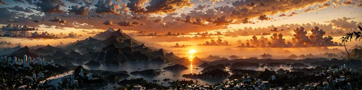 (score_9:1.2), score_8_up, score_7_up, score_6_up, embedding:zPDXL , masterpiece, landscape, sunset, from above, sky, city, tropical forest, mountain, sea, water