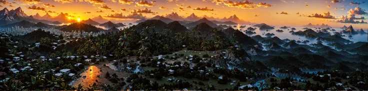 (score_9:1.2), score_8_up, score_7_up, score_6_up, embedding:zPDXL , masterpiece, landscape, sunset, from above, sky, city, tropical forest, mountain, sea, water