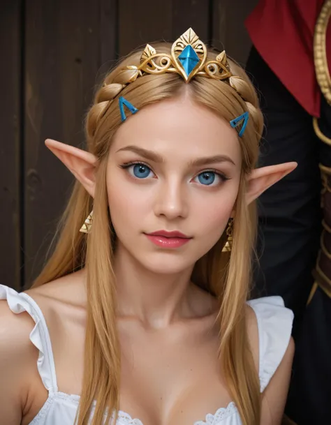 photograph [score_9, score_8_up, score_7_up, score_6_up, score_5_up, score_4_up],[realistic],[realistic lighting],[photo],[photorealistic],[elf],(princess zelda from botw kising ganondorf,crown), 50mm . cinematic 4k epic detailed 4k epic detailed photograph shot on kodak detailed cinematic hbo dark moody, 35mm photo, grainy, vignette, vintage, Kodachrome, Lomography, stained, highly detailed, found footage