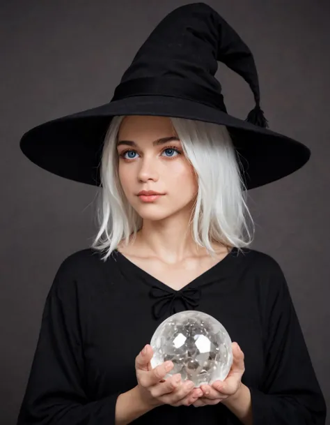 a witch holding a crystal ball in her hands, wizard hat cinematic lighting, side portrait dark witch, holding the elder wand, lich, rendered in arnold engine, mother earth, she is looking at us, with long white hair, spell<lora:sdxl_lightning_4step_lora:1>