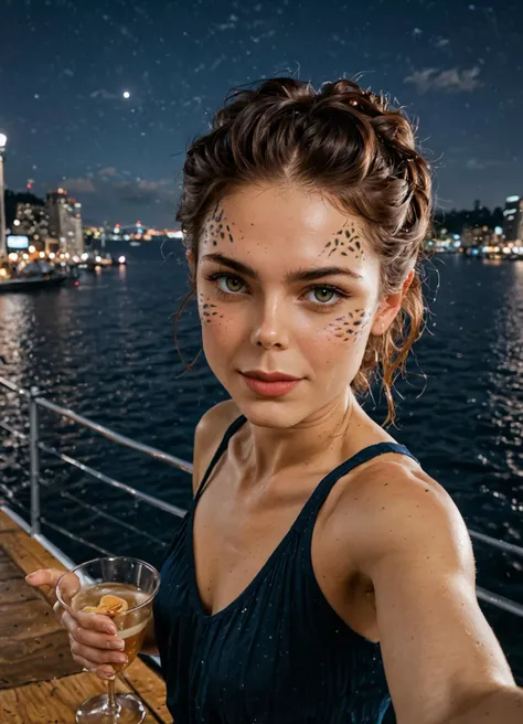 score_9, score_8_up, score_7_up, source_photo, (photography, realistic:1.4), High quality front view raw photo, (outdoor on board a super yacht luxurious modern boat:1.3), showing a beautiful glamorous rich brat model woman <lora:Gith:0.89> Gith, pointed ears, spots on skin, flat nose, (green skin:0.7), (smile, grin:0.35), perfect face, great composition, cinematic lighting, 1girl, (front view selfie of a beautiful female business woman on a billionaire yacht party soiree on the bridge, night time, party, light show, city lights in the background, sea, night sky, milky way:1.4), (realistic skin pores:0.6), dynamic lighting, (filmic, film grain:0.81), (Holding a cocktail in one hand:1.85), classy elegant ultra detailed hairs, (sophisticated woman:0.8), (slightly blushing:0.97), <lora:add-detail-xl:1.4> <lora:Pony_DetailV2.0:0.65>, (intensity, wink blinking one eye:1.15), natural fit body, intricate background details, sky seen through the large round glass hull windows in the background, (dimly lit, dramatic lighting:0.3), impeccable, pristine, premium, elite, she is weaing casual fashionable half open white vest and tank top