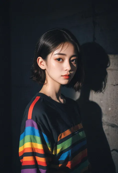 score_9,score_8_up,score_7_up,fine details in everything,KOREAN,KPOP,
portrait,(shadows:1.4),Dark Alleyways,rainbow clothes,