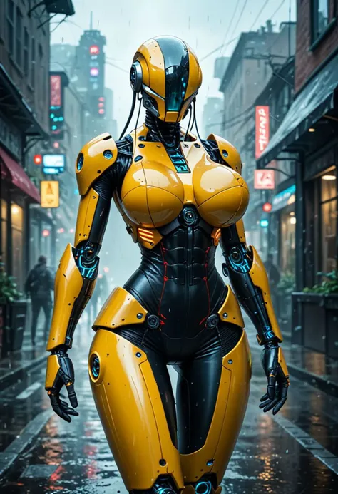 score_9, score_8_up, score_7_up, score_6_up, score_5_up, score_4_up, source_photo, rating_safe, ultra-detailed rainy dystopian landscape, soft diffused light
tall busty voluptuous alien humanoid, futuristic fashion wardrobe, gigantic round breasts, narrow waist, wide hips, wired joints