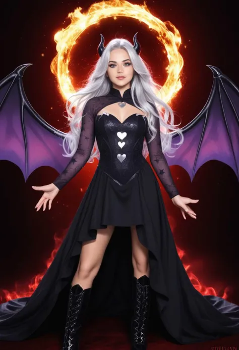 realistic anime, angelic demon, silver hair, long hair, shining eyes, red and black dress, heart details, transparent parts, high boots, demonic bat wings, deep red tones, golden flame details, majestic pose, dark background, mystical aura, starry patterns, blue and purple energies, supernatural power, angelic and demonic elements, high quality, detailed, realistic anime illumination, realistic anime shading
