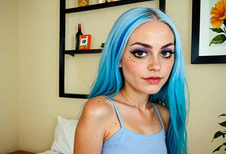 20 year old, raw, photo, realistic, score_9, score_8_up, score_7_up, score_6_up, score_5_up, andrea, 1girl, makeup, eyeshadow, freckles, light blue hair, long hair, multicolored hair, petite body, realistic, eye contact,((look at viewer, perfect eyes)), cute,Andrea Davenport, blue hair, brown eyes, streaked hair, eyeshadow, full body, slim legs, thin waist,
