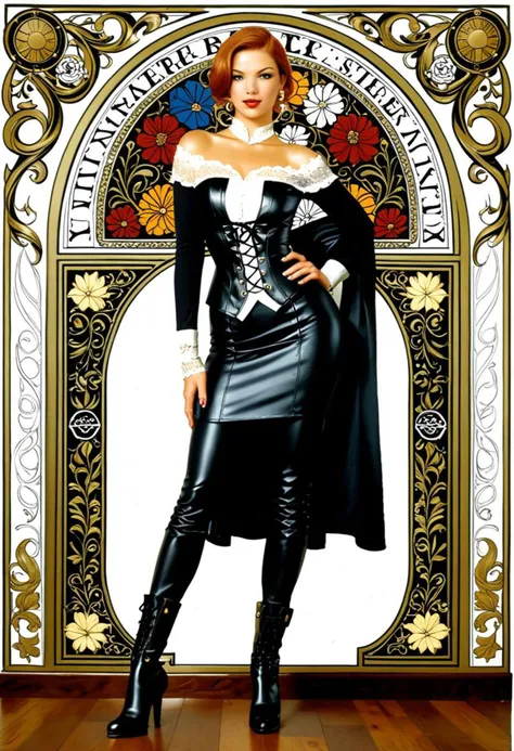 Water color full length portrait, betty page, standing delicate corsets, tall black leather high heel boots, opera length black leather gloves, off the shoulder low cut white blouse, tight laced long skirt, white lace, narrow waisted, smooth full bosom, historical beauty, classical, powerful, pretty bosom, art nouveau, pencil and ink, Susan Boulet, Josephine Wall, stern looking, fine line colored scribble art antique fantasy