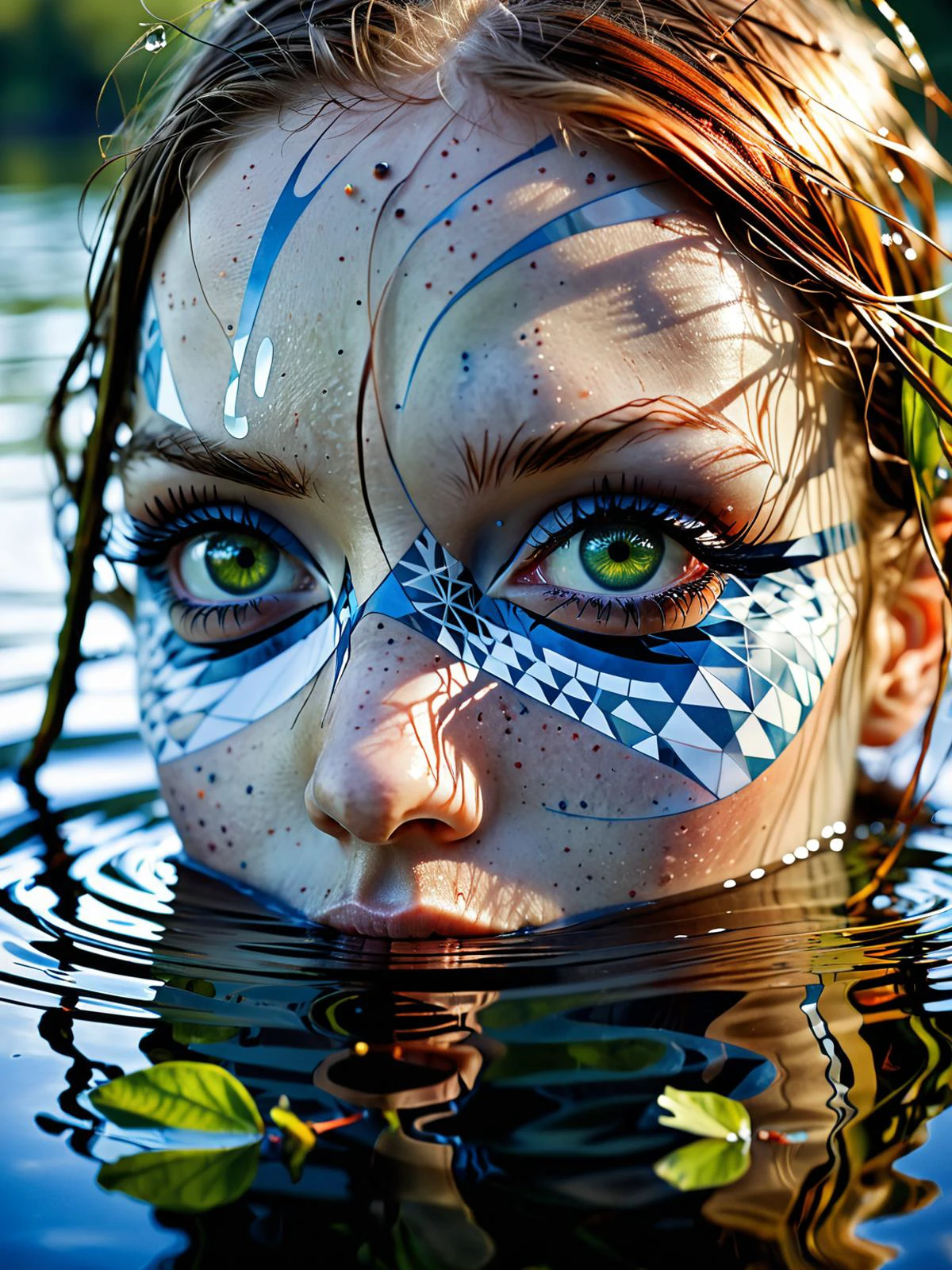 score_9, score_8_up, score_7_up, Mysterious female eyes in a lake, (only her eyes are above water-level, water reflection), goddess, alluring, by Minjae Lee, Carne Griffiths, Emily Kell, Steve McCurry, Geoffroy Thoorens, Aaron Horkey, Jordan Grimmer, Greg Rutkowski, amazing depth, double exposure, surreal, geometric patterns, intricately detailed, bokeh, perfect balanced, deep fine borders, artistic photorealism , smooth, great masterwork by head of prompt engineering