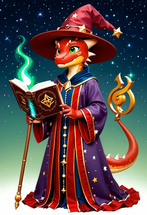Kobold, furry dragon, tail, short stature, 1girl, green eyes, red scales, starry wizard robe, magic staff in hand, reading floating spellbook, starry wizard hat with strings with beads at the ends