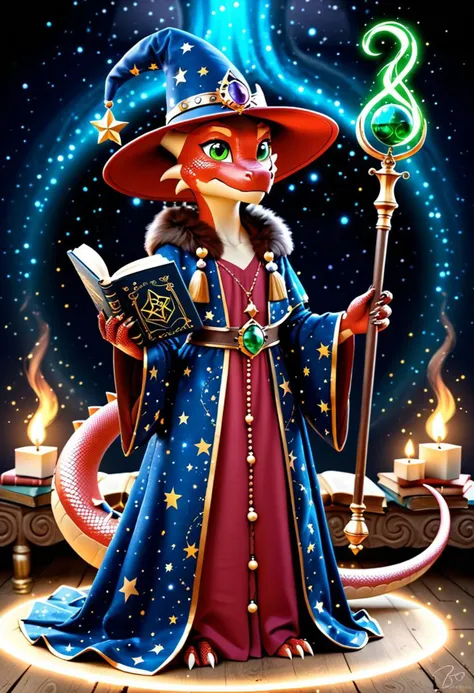 Kobold, furry dragon, tail, short stature, 1girl, green eyes, red scales, starry wizard robe, magic staff in hand, reading floating spellbook, starry wizard hat with strings with beads at the ends