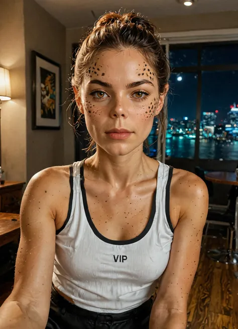 score_9, score_8_up, score_7_up, source_photo, (photography, realistic:1.4), High quality front view raw photo, (inside a night club, vip room on board a super yacht luxurious modern boat:1.3), showing a beautiful glamorous rich brat model woman <lora:Gith:0.89> Gith, pointed ears, spots on skin, flat nose, (green skin:0.7), (smile, grin:0.35), perfect face, great composition, cinematic lighting, 1girl, (front view selfie of a beautiful female business woman on a billionaire yacht party soiree:1.4), (realistic skin pores:0.6), dynamic lighting, (filmic, film grain:0.81), (Holding a cocktail in one hand:1.85), classy elegant ultra detailed hairs, (sophisticated woman:0.8), (slightly blushing:0.97), <lora:add-detail-xl:1.4> <lora:Pony_DetailV2.0:0.65>, (intensity, wink blinking one eye:1.15), natural fit body, intricate background details, sky seen through the large round glass hull windows in the background, (dimly lit, dramatic lighting:0.3), impeccable, pristine, premium, elite, she is weaing casual fashionable half open white vest and tank top