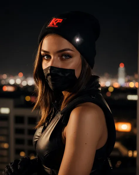 Beautiful girl, highly detailed face, (wearing FBI-issued sexy black tactical attire:1.2). Lots of straps and belts. Black gloves. Bullet proof vest. Cargo pants. Perfect eyes, highly detailed beautiful expressive eyes, detailed eyes. On the top of a skyscraper at night. City lights. Black beanie. Vast open view in the background, City Lights at night. Dynamic vivid colors. Bright neon colors, eerie atmosphere, dark lighting. Depth of field, bokeh, (masterpiece) (best quality) (detailed) (8k) (wallpaper) (cinematic lighting) (sharp focus) (intricate).