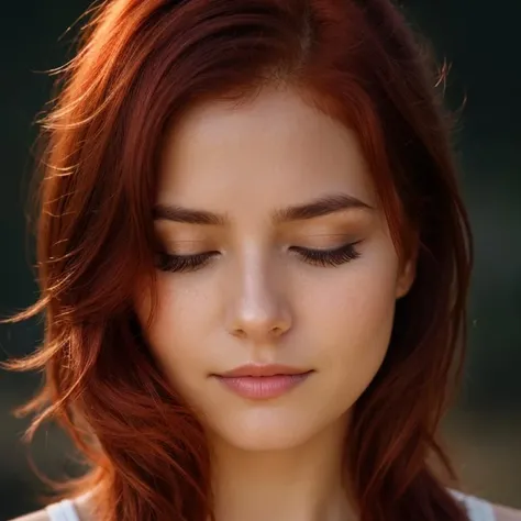 face closeup,closed eyes,redhead,dark theme, detailed skin, empty background