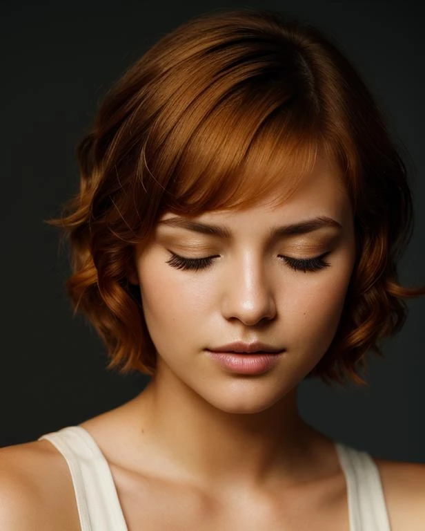 [face closeup],closed eyes,beautiful girl,(golden skin),redhead,short hair,[curly bob cut],dark theme, [detailed skin], empty background,[4k],[full hd],[posing],[sharp image],[high quality],[detailed],[dramatic lighting],[dslr],[professional photographer]