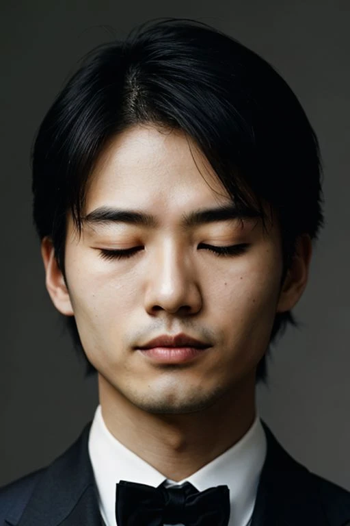 face closeup,closed eyes,elegant japanese men,dark theme, detailed skin, empty background