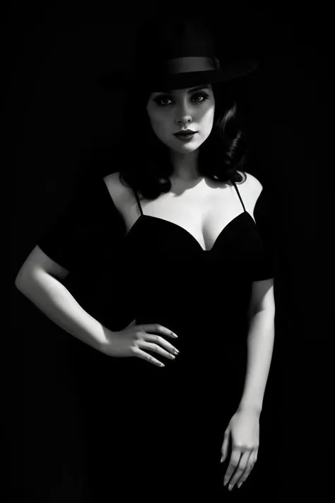 (beautiful woman),[film noir], [full-body shot], [black and white photo], [vintage], [fedora hat],[chiaroscuro lighting], [thriller], (beautiful perfect face),[detailed],[perfect human anatomy],[professional photography],[posing],[cinematic],[40s]