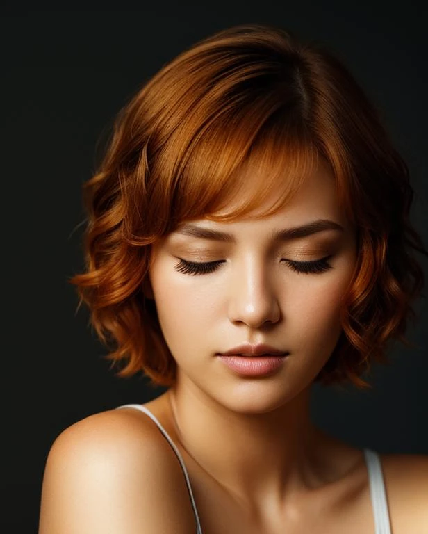 [face closeup],closed eyes,beautiful girl,(golden skin),redhead,short hair,[curly bob cut],dark theme, [detailed skin], empty background,[4k],[full hd],[posing],[sharp image],[high quality],[detailed],[dramatic lighting],[dslr],[professional photographer]