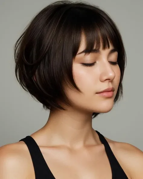 face closeup,closed eyes,beautiful girl,brunette,short hair,curly bob cut,dark theme, detailed skin, empty background