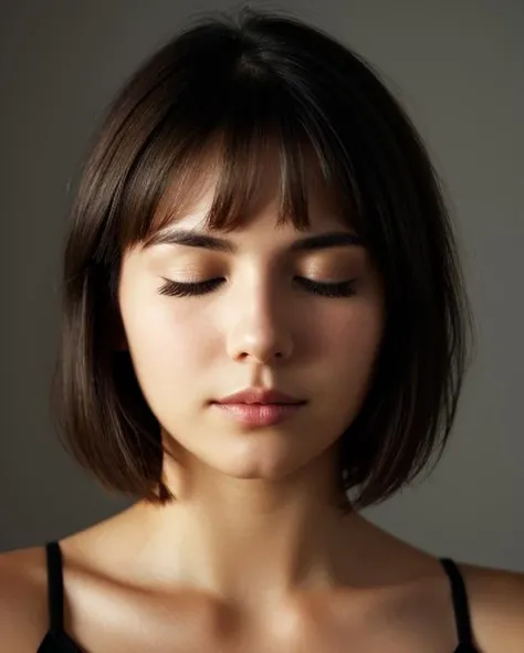 face closeup,closed eyes,beautiful girl,brunette,short hair,dark theme, detailed skin, empty background