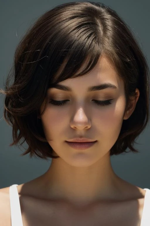 face closeup,closed eyes,beautiful girl,brunette,short hair,curly bob cut,dark theme, detailed skin, empty background