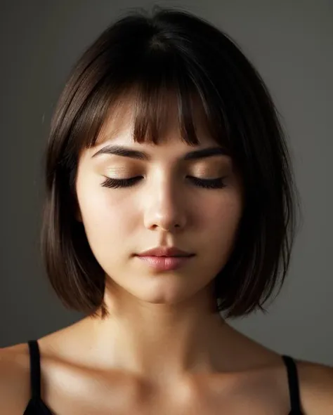 face closeup,closed eyes,beautiful girl,brunette,short hair,dark theme, detailed skin, empty background