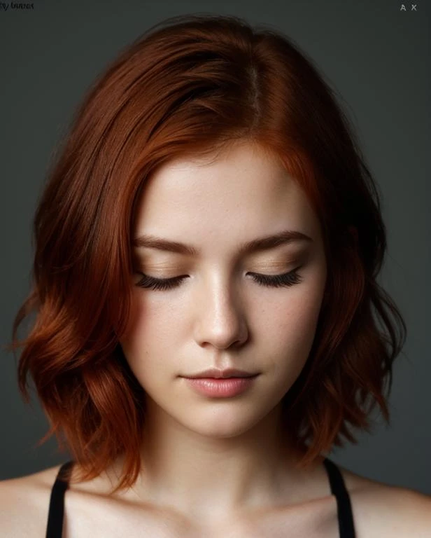 face closeup,closed eyes,beautiful redhead girl with short hair,dark theme, detailed skin, empty background