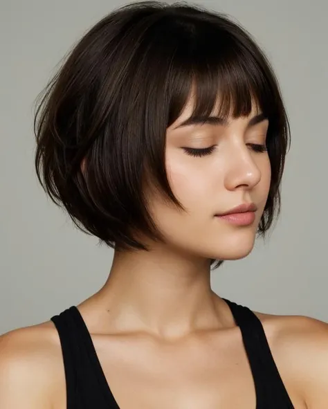 face closeup,closed eyes,beautiful girl,brunette,short hair,curly bob cut,dark theme, detailed skin, empty background