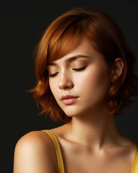 [face closeup],closed eyes,beautiful girl,(golden skin),redhead,short hair,[curly bob cut],dark theme, [detailed skin], empty background,[4k],[full hd],[posing],[sharp image],[high quality],[detailed],[dramatic lighting],[dslr],[professional photographer]