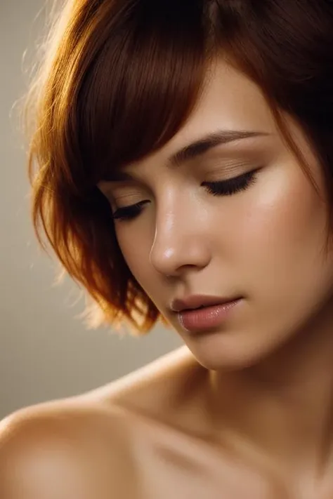 [face closeup],closed eyes,beautiful girl,(golden skin),redhead,short hair,[curly bob cut],dark theme, [detailed skin], empty background,[4k],[full hd],[posing],[sharp image],[high quality],[detailed],[dramatic lighting],[dslr],[professional photographer]