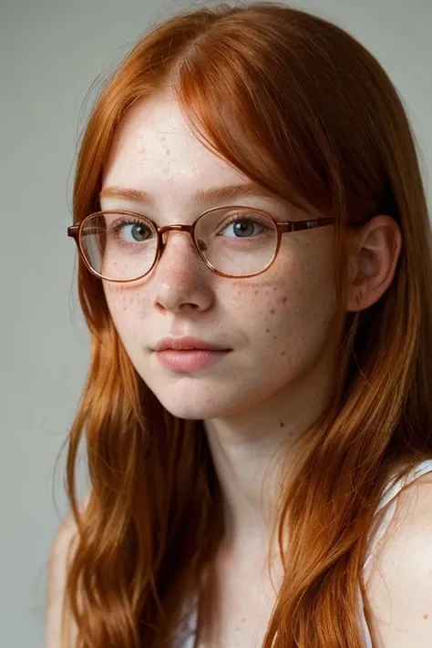 professional, masterpiece, 8k, hyperrealistic portrait of a 20yo cute ginger girl, long hair, redhead, glasses, (looking shy:1.3), freckles, detailed face, detailed skin, photography, hq, photorealistic,