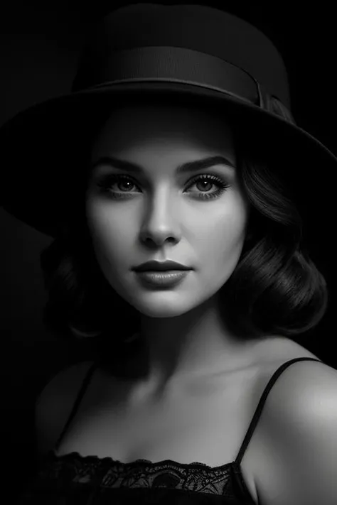 (beautiful woman),[film noir], [full-body shot], [black and white photo], [vintage], [fedora hat],[chiaroscuro lighting], [thriller], (beautiful perfect face),[detailed],[perfect human anatomy],[professional photography],[posing],[cinematic],[40s],[very old elegant clothes]